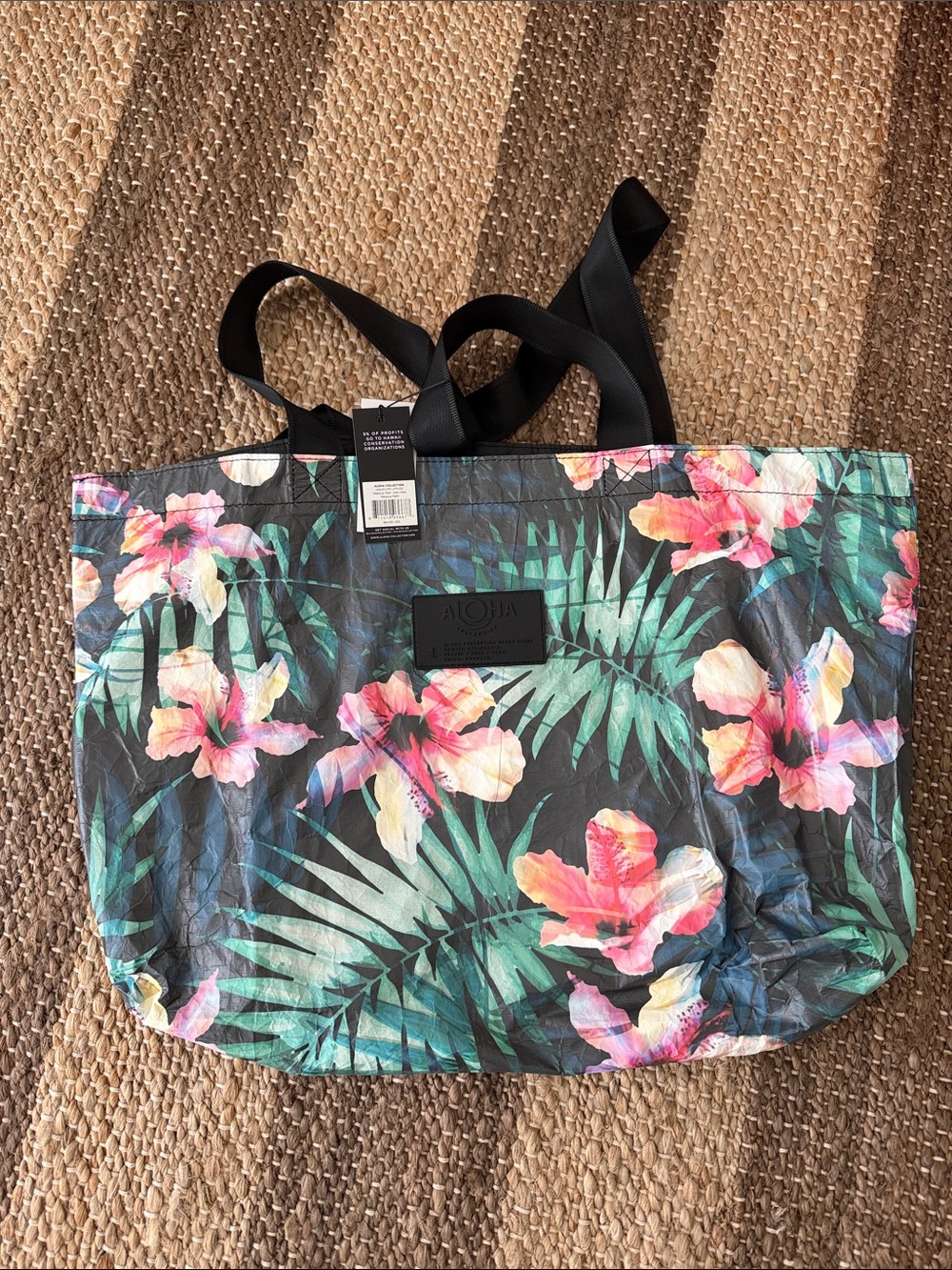 ALOHA Black Floral Tote with Pink & Green Palm Print